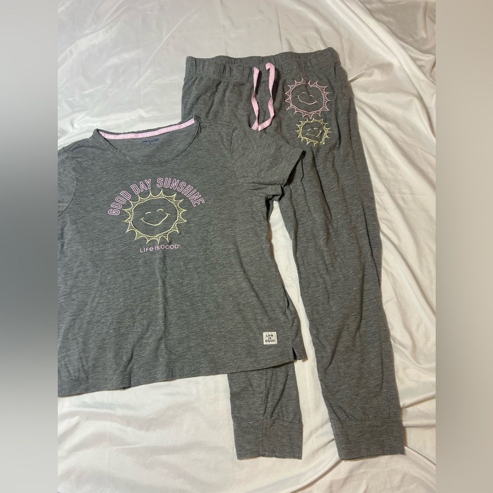Life Is Good Women's Gray Pajama Set with Pink & Yellow Sun Graphics